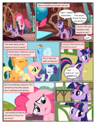 Size: 612x792 | Tagged: safe, artist:newbiespud, edit, edited screencap, screencap, applejack, fluttershy, pinkie pie, rainbow dash, rarity, twilight sparkle, pony, unicorn, comic:friendship is dragons, g4, bored, comic, dialogue, eyes closed, female, freckles, hat, mane six, mare, pronking, screencap comic, smiling, twilight's lab, unicorn twilight