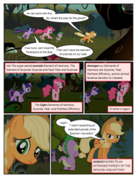 Size: 612x792 | Tagged: safe, artist:newbiespud, edit, edited screencap, screencap, applejack, pinkie pie, spike, twilight sparkle, earth pony, pony, unicorn, comic:friendship is dragons, g4, comic, dialogue, female, freckles, hat, male, mare, running, screencap comic, unicorn twilight