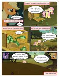 Size: 612x792 | Tagged: safe, artist:newbiespud, edit, edited screencap, screencap, applejack, fluttershy, twilight sparkle, beetle, earth pony, frog, pegasus, pony, unicorn, comic:friendship is dragons, g4, comic, dialogue, female, freckles, frown, hat, implied pinkie pie, mare, screencap comic, unicorn twilight, wagon