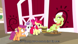 Size: 1920x1080 | Tagged: safe, screencap, apple bloom, granny smith, scootaloo, sweetie belle, earth pony, pony, g4, the big mac question, animated, dubbing, dutch, female, implied grand pear, sound, star trek, subtitles, voice actor joke, webm