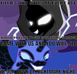 Size: 640x617 | Tagged: safe, edit, edited screencap, editor:undeadponysoldier, screencap, nightmare moon, princess luna, alicorn, pony, g4, luna eclipsed, evil, female, glowing eyes, halloween, holiday, mare, nightmare night, parody, solo, song reference, the nightmare before christmas, this is halloween, white eyes