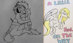 Size: 762x451 | Tagged: safe, artist:lunaluv18, oc, oc:artemis, oc:silverstar, hippogriff, pegasus, pony, belly, belly button, crying, early pregnancy, female, hug, male, pregnancy test, pregnant, tears of joy, traditional art