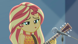 Size: 1898x1080 | Tagged: safe, screencap, sunset shimmer, equestria girls, g4, let it rain, my little pony equestria girls: better together, acoustic guitar, beautiful, cute, female, guitar, microphone, microphone stand, musical instrument, shimmerbetes, singing, sleeveless, solo
