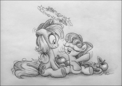 Size: 1100x776 | Tagged: safe, artist:deathcutlet, apple bloom, applejack, earth pony, pony, g4, apple, apple siblings, black and white, bow, circling stars, confused, cowboy hat, dizzy, female, filly, food, grayscale, hair bow, hat, mare, monochrome, open mouth, pencil drawing, sitting, talking, traditional art