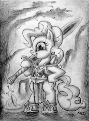 Size: 490x665 | Tagged: safe, artist:deathcutlet, pinkie pie, pony, g4, armor, bipedal, black and white, clothes, grayscale, monochrome, sword, traditional art, weapon