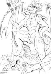 Size: 884x1280 | Tagged: safe, artist:marcushunter, garble, princess ember, dragon, g4, gauntlet of fire, bloodstone scepter, dragon lord ember, garbleabuse, garblebuse, grin, monochrome, signature, smiling, submission, traditional art