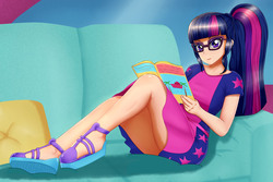 Size: 2256x1504 | Tagged: safe, artist:focusb, sci-twi, twilight sparkle, human, equestria girls, equestria girls specials, g4, my little pony equestria girls: better together, my little pony equestria girls: spring breakdown, adorkable, beautiful, clothes, couch, cute, dork, dress, female, glasses, human coloration, legs, magazine, meganekko, ponytail, reading, sandals, schrödinger's pantsu, solo, thighs, upskirt denied