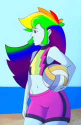 Size: 828x1280 | Tagged: safe, artist:7los7, rainbow dash, equestria girls, equestria girls specials, g4, my little pony equestria girls: better together, my little pony equestria girls: forgotten friendship, ball, belly button, board shorts, clothes, female, shorts, solo, sports, swimsuit, volleyball