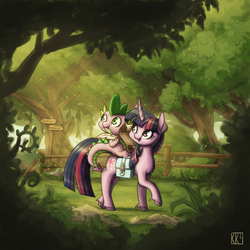 Size: 2000x2000 | Tagged: safe, artist:king-kakapo, spike, twilight sparkle, dragon, pony, unicorn, g4, dragons riding ponies, duo, female, fence, high res, male, mare, outdoors, quill pen, riding, saddle bag, spike riding twilight, tree, unicorn twilight