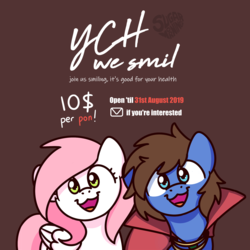 Size: 2000x2000 | Tagged: safe, artist:sugar morning, oc, oc only, oc:bizarre song, oc:sugar morning, pegasus, pony, advertisement, announcement, cape, clothes, commission, high res, simple background, sugar morning's smiling ponies, text, your character here