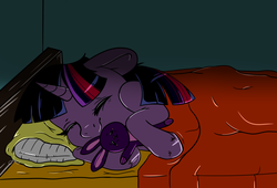 Size: 1488x1014 | Tagged: safe, artist:beashay, twilight sparkle, pony, g4, bunny plushie, female, filly, filly twilight sparkle, sleeping, solo, younger