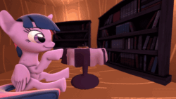Size: 600x338 | Tagged: safe, artist:mrm, twilight sparkle, alicorn, pony, g4, 3d, animated, bookshelf, chewing, cute, eating, female, food, gif, levitation, magic, mare, sandwich, sitting, solo, source filmmaker, table, telekinesis, twiabetes, twilight sparkle (alicorn)