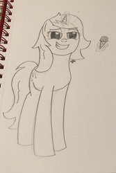 Size: 1372x2048 | Tagged: safe, artist:dafiltafish, oc, oc:stardust, pony, unicorn, female, food, ice cream, looking at you, magic, mare, pencil drawing, smiling, smiling at you, telekinesis, traditional art