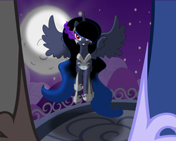Size: 5000x4000 | Tagged: safe, artist:lunaapple, king sombra, princess luna, oc, oc:blue dream, alicorn, pony, g4, alicorn oc, corrupted, disembodied hoof, evil grin, framed by legs, full moon, gradient mane, grin, hair over one eye, hoof shoes, hooves, moon, night, offscreen character, offspring, parent:king sombra, parent:princess luna, parents:lumbra, smiling, solo focus, sombra eyes, spread wings, wings