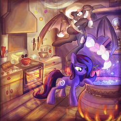 Size: 4000x4000 | Tagged: safe, artist:tiothebeetle, oc, oc:macaron dreams, oc:moon singer, bat pony, earth pony, pony, baking, bat pony oc, bowl, braid, braided tail, bubbling, cauldron, cooking, crystal bal, cutie mark, dial, drawer, duo, egg, egg carton, eggshell, fangs, female, floppy ears, flour, flying, indoors, knife, mare, measuring cup, mixer, mixing bowl, moon, music notes, oven, plant, pot, potion, scroll, shelf, slit pupils, spilling, tongue out, whisking, wood
