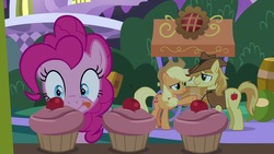 Size: 1920x1080 | Tagged: safe, screencap, applejack, braeburn, pinkie pie, earth pony, pony, g4, the summer sun setback, cupcake, female, food, male, mare, stallion, that pony sure does love cupcakes, tongue out