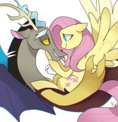 Size: 1777x1845 | Tagged: safe, artist:pinweena30, discord, fluttershy, draconequus, pegasus, pony, g4, female, happy, looking at each other, love, male, ship:discoshy, shipping, smiling, straight