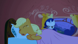 Size: 1280x720 | Tagged: safe, screencap, applejack, rarity, pony, g4, look before you sleep, animated, bed, cute, female, golden oaks library, pillow, rain, sleeping, storm, window