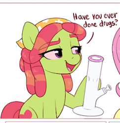 Size: 500x514 | Tagged: safe, artist:captain metric, artist:moozua, edit, fluttershy, tree hugger, earth pony, pegasus, pony, g4, animated, bong, comic dub, drugs, duo, female, mare, marijuana, nervous, painfully innocent fluttershy, parody, sound, sweat, video, voice acting, webm, you're doing it wrong
