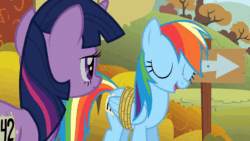 Size: 1280x720 | Tagged: safe, screencap, rainbow dash, twilight sparkle, pony, unicorn, fall weather friends, g4, season 1, 42, animated, autumn, bound wings, cocky, derp, faic, female, forest, great moments in animation, laughing, rainbow dash is best facemaker, rainbow derp, raised eyebrow, running of the leaves, sign, tree, unamused, unicorn twilight, whitetail woods, wings