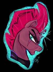 Size: 1280x1732 | Tagged: safe, artist:assassin-or-shadow, tempest shadow, pony, g4, black background, broken horn, bust, horn, open mouth, open up your eyes, portrait, scar, signature, simple background