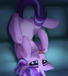 Size: 1800x2000 | Tagged: safe, artist:villjulie, starlight glimmer, pony, unicorn, g4, couch, female, floppy ears, mare, silly, silly pony, smiling, solo, tongue out, underhoof, upside down