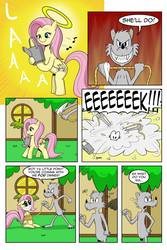 Size: 730x1095 | Tagged: safe, artist:cartoon-eric, fluttershy, harry, oc, oc:fred wolfbane, pony, comic:pink. it's what's for dinner, g4, cloth gag, comic, doe eyes, fluttershy's cottage, gag, halo, rope, sad eyes, scared, singing, slasher smile, watering can
