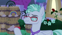 Size: 1920x1080 | Tagged: safe, screencap, feather flatterfly, pegasus, pony, g4, the summer sun setback, barrel, card, glasses, male, necktie, solo, stallion, wavy mouth