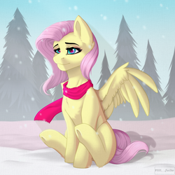 Size: 2000x2000 | Tagged: safe, artist:villjulie, fluttershy, pegasus, pony, g4, clothes, cute, female, high res, mare, scarf, shyabetes, sitting, smiling, solo, spread wings, underhoof, wings, winter
