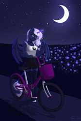 Size: 2000x3000 | Tagged: safe, artist:villjulie, princess luna, alicorn, anthro, g4, bicycle, choker, clothes, female, flower, high res, mare, moon, night, skirt, solo, tank top