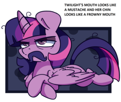Size: 1497x1271 | Tagged: safe, artist:lou, edit, edited edit, twilight sparkle, alicorn, pony, g4, :c, >:c, angry, cute, edit of an edit of an edit, facial hair, female, frown, grumpy, grumpy twilight, madorable, moustache, solo, text, twilight sparkle (alicorn)
