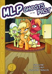 Size: 900x1275 | Tagged: safe, artist:tarkron, apple bloom, applejack, big macintosh, granny smith, earth pony, pony, comic:ghosts of the past, g4, apple family, comic cover, cowering, fan comic, female, filly, male, mare, scared, silhouette, stallion, sweet apple acres barn, title page