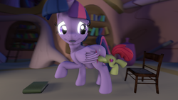 Size: 1280x720 | Tagged: safe, artist:mrm, apple bloom, twilight sparkle, alicorn, earth pony, pony, g4, 3d, belly, book, bookshelf, chair, female, golden oaks library, head up butt, penetration, size difference, source filmmaker, twilight sparkle (alicorn), twipred, unwilling