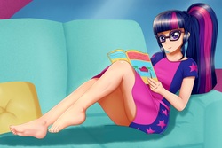 Size: 1280x853 | Tagged: safe, artist:focusb, sci-twi, twilight sparkle, equestria girls, equestria girls specials, g4, my little pony equestria girls: better together, my little pony equestria girls: spring breakdown, adorkable, barefoot, beautiful, clothes, couch, cute, dork, dress, feet, female, glasses, legs, luxe deluxe, lying down, magazine, meganekko, ponytail, schrödinger's pantsu, sexy, solo, thighs, throw pillow