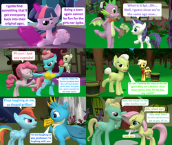 Size: 3840x3240 | Tagged: safe, artist:red4567, applejack, cup cake, fluttershy, gallus, granny smith, pinkie pie, pound cake, rainbow dash, rarity, spike, twilight sparkle, zephyr breeze, alicorn, dragon, griffon, pony, comic:i must regress, g4, 3d, age progression, age regression, blushing, book, bowtie, braces, comic, cupcake, female, flower, food, high res, lisp, male, mane seven, mane six, older, older spike, pimple, ship:sparity, shipping, source filmmaker, straight, teenager, twilight sparkle (alicorn), twilight's castle, winged spike, wings, young granny smith, younger
