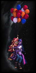 Size: 3840x7680 | Tagged: safe, artist:imafutureguitarhero, sci-twi, sunset shimmer, twilight sparkle, unicorn, anthro, unguligrade anthro, g4, 3d, absurd resolution, alternate hairstyle, arm fluff, arm freckles, balloon, blushing, boots, border, cheek fluff, chromatic aberration, clothes, cloud, cloudy, colored eyebrows, cute, duo, ear fluff, female, film grain, floating, floppy ears, fluffy, freckles, fur, glasses, gloves, holding, horn, jeans, leather boots, lesbian, long hair, long mane, mare, multicolored hair, multicolored mane, multicolored tail, nail polish, night, nose wrinkle, pants, peppered bacon, ship:sci-twishimmer, ship:sunsetsparkle, shipping, shoes, signature, sky, socks, source filmmaker, stars, striped socks, tank top, twiabetes, vertical, wall of tags