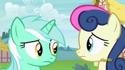 Size: 1280x720 | Tagged: safe, screencap, bon bon, lyra heartstrings, sweetie drops, earth pony, pony, unicorn, g4, triple threat, confused, discovery family logo, duo, female, looking at each other, mare