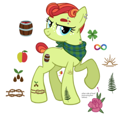 Size: 1322x1282 | Tagged: safe, artist:flipwix, oc, oc only, oc:autumn glory apple, earth pony, pony, autism, bandana, bedroom eyes, butch lesbian, commission, ear piercing, earring, eyebrow piercing, female, freckles, infinity symbol, jewelry, magical lesbian spawn, mare, neurodivergent, offspring, parent:applejack, parent:torque wrench, parents:apple wrench, piercing, raised hoof, reference sheet, simple background, solo, transparent background