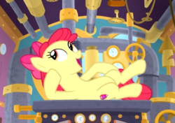 Size: 563x397 | Tagged: safe, screencap, apple bloom, earth pony, pony, g4, growing up is hard to do, being big is all it takes, cropped, cutie mark, female, hoof on cheek, lying down, mare, older, older apple bloom, open mouth, solo, the cmc's cutie marks