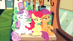 Size: 1374x772 | Tagged: safe, screencap, apple bloom, down under, lemon hearts, scootaloo, sweetie belle, earth pony, pegasus, pony, unicorn, g4, growing up is hard to do, bow, cropped, cutie mark, cutie mark crusaders, eyes closed, female, friendship express, hair bow, mare, older, older apple bloom, older cmc, older scootaloo, older sweetie belle, sitting, smiling, the cmc's cutie marks, trio focus