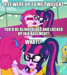 Size: 600x674 | Tagged: safe, edit, edited screencap, screencap, pinkie pie, sci-twi, twilight sparkle, equestria girls, equestria girls specials, g4, my little pony equestria girls: better together, my little pony equestria girls: spring breakdown, female, geode of sugar bombs, geode of telekinesis, implied cupcakes, magical geodes, memeful.com, the amazing world of gumball