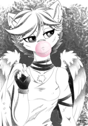 Size: 1344x1920 | Tagged: safe, artist:striped-chocolate, scootaloo, pegasus, anthro, rcf community, g4, choker, female, grayscale, monochrome, solo, starry eyes, wingding eyes