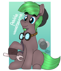 Size: 671x790 | Tagged: safe, artist:almond evergrow, oc, oc only, oc:pebble waterstone, earth pony, pony, goggles, male, mechanic, solo, stallion, wrench
