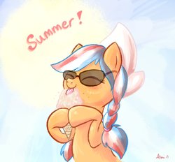 Size: 961x891 | Tagged: safe, artist:avui, oc, oc only, oc:ember, oc:ember (hwcon), pony, hearth's warming con, braid, eyes closed, food, ice cream, ice cream cone, licking, mascot, netherlands, solo, summer, sunglasses, tongue out