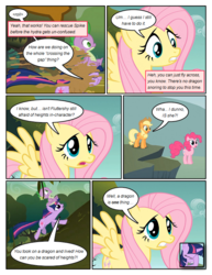 Size: 612x792 | Tagged: safe, artist:newbiespud, edit, edited screencap, screencap, applejack, fluttershy, pinkie pie, spike, twilight sparkle, dragon, earth pony, pegasus, pony, unicorn, comic:friendship is dragons, g4, cliff, comic, dialogue, facehoof, female, floating, freckles, hat, looking down, male, mare, mud, riding, running, screencap comic, sitting on head, spike riding twilight, unicorn twilight