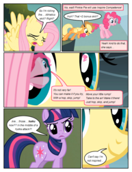 Size: 612x792 | Tagged: safe, artist:newbiespud, edit, edited screencap, screencap, applejack, fluttershy, pinkie pie, twilight sparkle, earth pony, pegasus, pony, unicorn, comic:friendship is dragons, g4, cliff, comic, dialogue, eye reflection, eyes closed, female, freckles, hat, mare, mouth hold, raised hoof, reflection, screencap comic, smiling, unicorn twilight