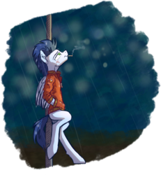 Size: 1625x1757 | Tagged: safe, artist:helmie-art, soarin', pegasus, pony, g4, leaning, looking up, male, rain, simple background, smoking, solo, stallion, transparent background