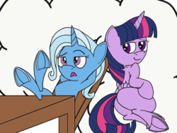 Size: 2048x1536 | Tagged: safe, artist:darkknighthoof, artist:icicle-niceicle-1517, color edit, edit, trixie, twilight sparkle, alicorn, pony, unicorn, g4, arm behind head, bedroom eyes, butt, chair, colored, female, fetish, frog (hoof), hoof fetish, hooves, hooves on the table, lesbian, mare, missing accessory, missing cutie mark, open mouth, plot, raised eyebrow, ship:twixie, shipping, table, thought bubble, twilight sparkle (alicorn), underhoof