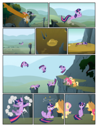 Size: 612x792 | Tagged: safe, artist:newbiespud, edit, edited screencap, screencap, applejack, fluttershy, pinkie pie, spike, twilight sparkle, dragon, earth pony, hydra, pegasus, pony, unicorn, comic:friendship is dragons, feeling pinkie keen, g4, bubble, circling stars, claws, cliff, comic, cowboy hat, derp, dizzy, eyes closed, female, grin, gritted teeth, hat, hooves, horn, jumping, male, mare, mud, multiple heads, on back, screencap comic, sitting, smiling, standing, tongue out, unicorn twilight, wings
