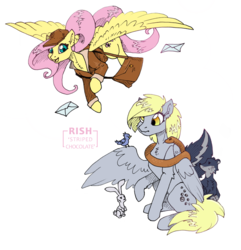 Size: 1040x1080 | Tagged: safe, artist:striped-chocolate, derpy hooves, fluttershy, bird, pegasus, pony, rabbit, rcf community, g4, animal, duo, female, flying, mailbag, mailmare, mare, role reversal, simple background, sitting, swap, white background